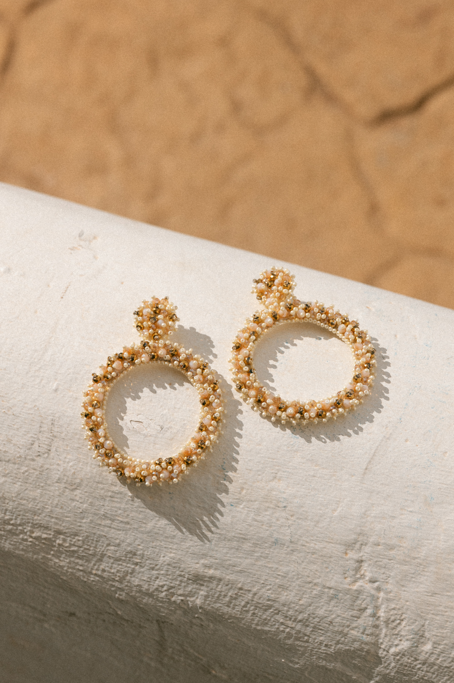 Beaded Hoops Earrings - Beige